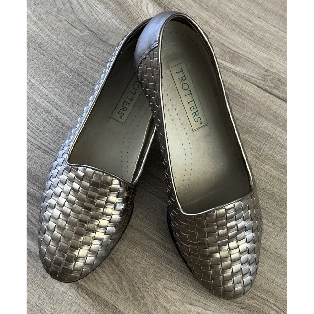 Trotters Liz Woven Leather Loafers 9 W Wide Pewter Gold Slip On Comfort Casual